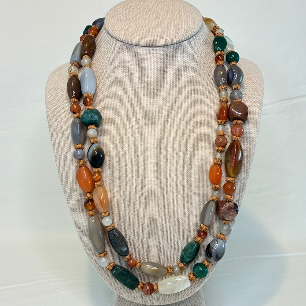 Vintage Necklace Hand Knotted Mixed Gemstone Agate Carnelian Long Strand 50" - Picture 3 of 13